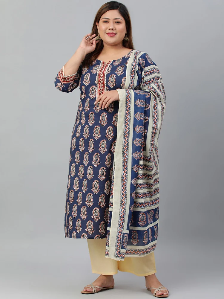 XL LOVE by Janasya Women's Plus Size Indigo Cotton Kurta With Palazzo and Dupatta