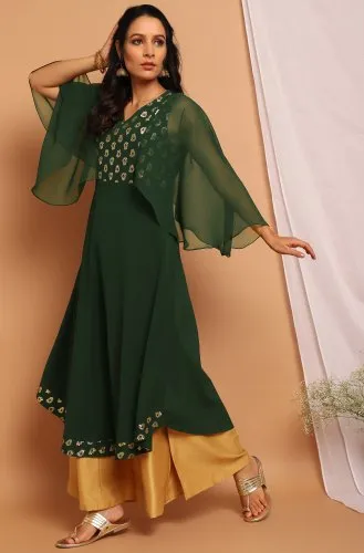 Janasya Women'S Green Poly Crepe Kurta(JNE3738)