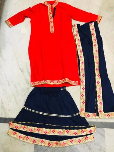 Red Ladies Long Kurti With Skirt