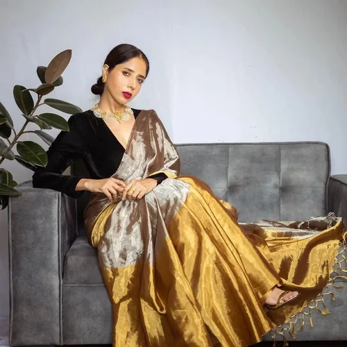 Handloom chanderi pure tissue silk silver and gold