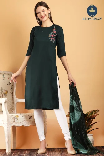 Green maslin 1 side butta work straight kurti U8