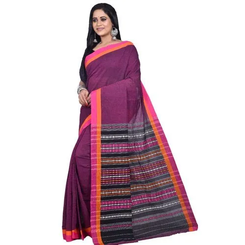 6.5 Meter Printed Purple Handloom Cotton Saree, With Blouse Piece