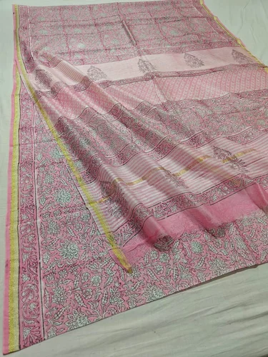 Chanderi Silk Cotton Handblock pigment print saree with blouse