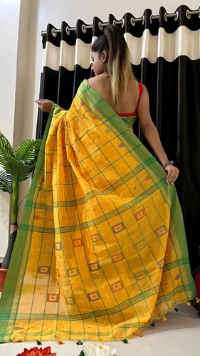 Party Wear Handloom Cotton Box Design Saree, With Blouse, 6.3 m