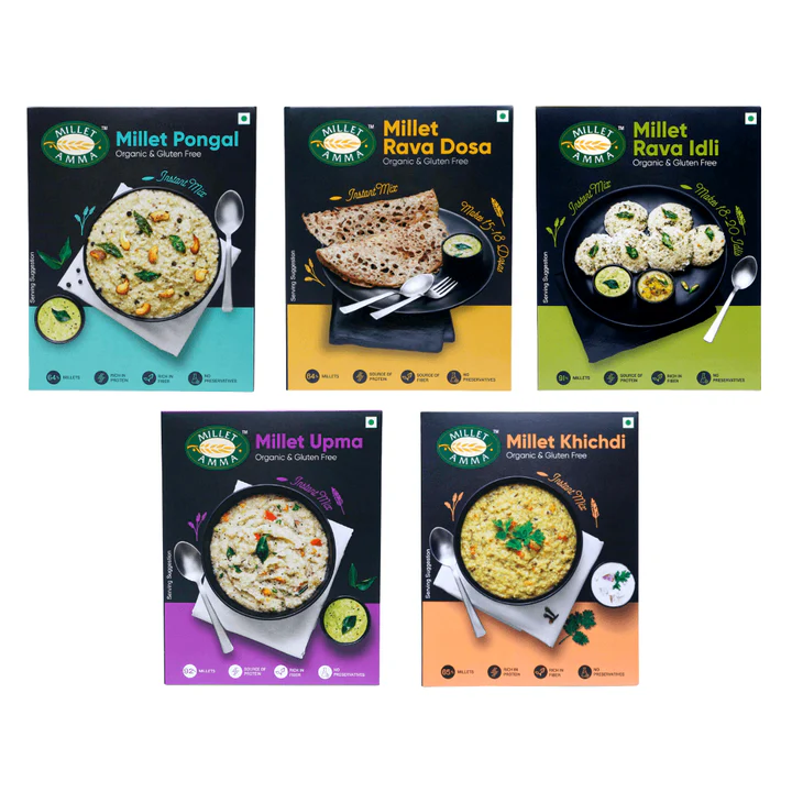 Organic Millet Breakfast Mix Combo Pack of 5 | Millet Pongal Mix + Millet Khichdi Mix + Millet Rava Idli Mix + Millet Rava Dosa Mix+ Millet Rava Upma Mix | 250gm Each