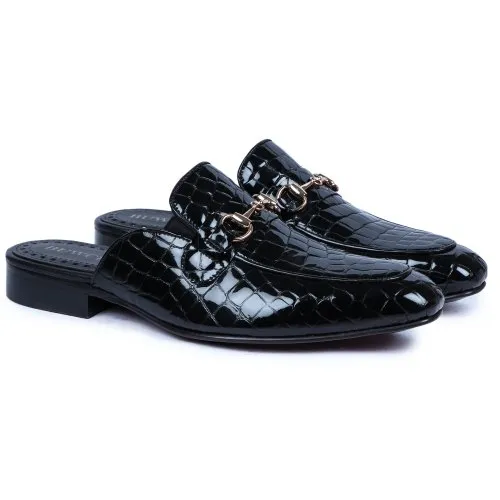 Mens Croco Embossed Black Mule Shoes For Men