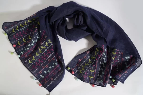 Navy Blue Linen Scarf With Multi Flower Embroidery & Fancy Tassel - Image 2