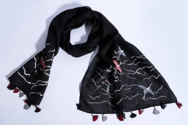 Black Linen Scarf With Embroidered Cranes & Hand-Made Tassels