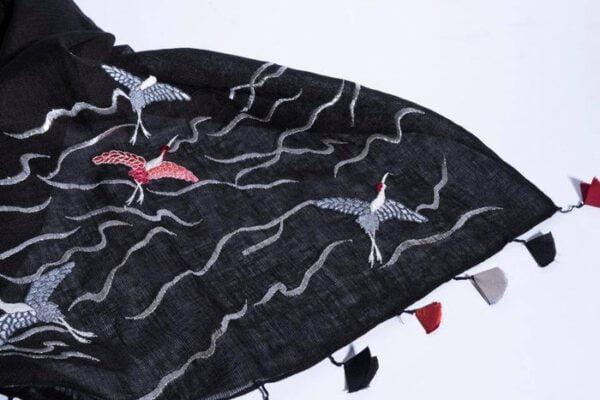 Black Linen Scarf With Embroidered Cranes & Hand-Made Tassels - Image 2