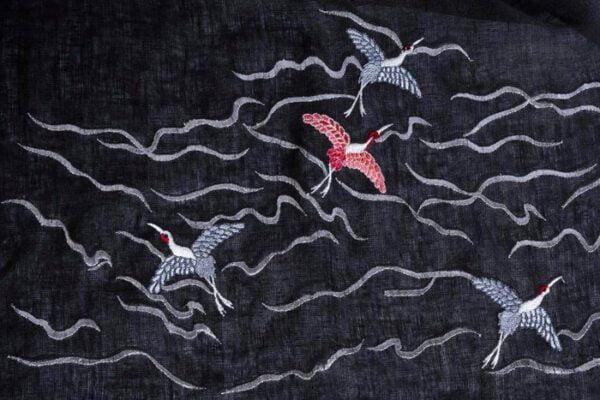 Black Linen Scarf With Embroidered Cranes & Hand-Made Tassels - Image 4