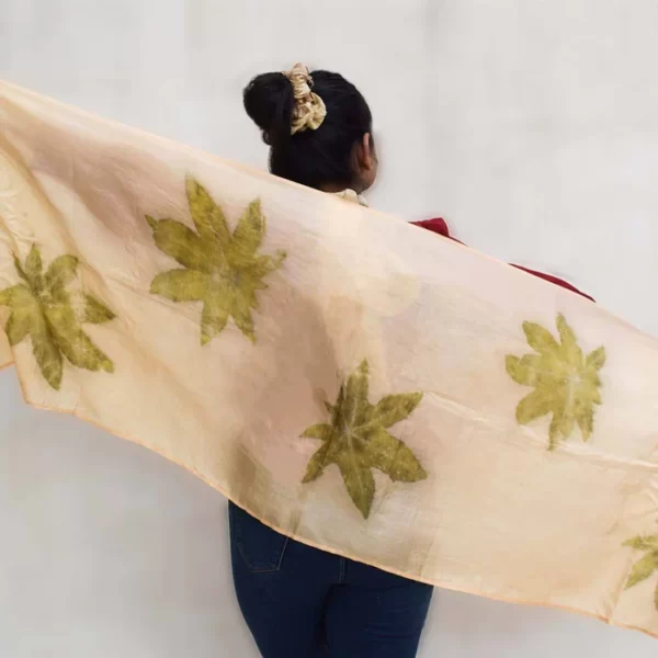 Eco-printed Silk Stole - Peach with Olive Green - Image 2