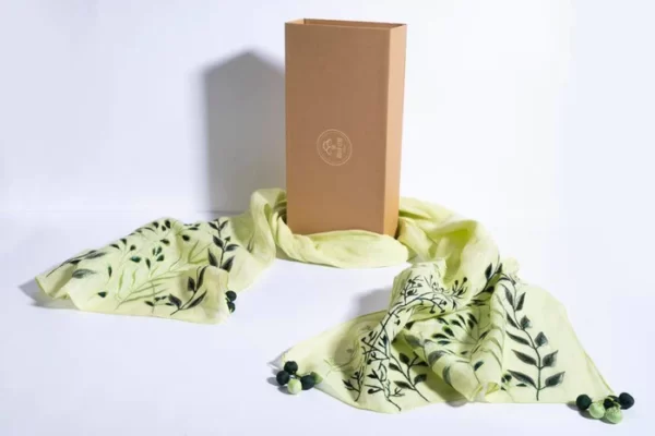 Mint Green Linen Scarf With Embroidered Leaves And Corner Tassels - Image 3