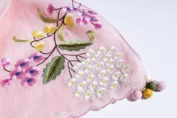 Pink Linen Base With Embroidered Florals And Scalloped Edges - Image 2