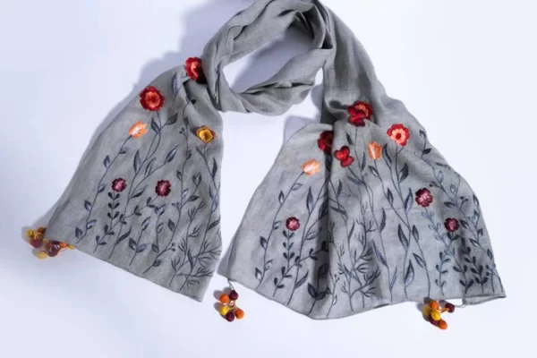 Grey Linen Scarf With Embroidered Florals And Handmade Tassels