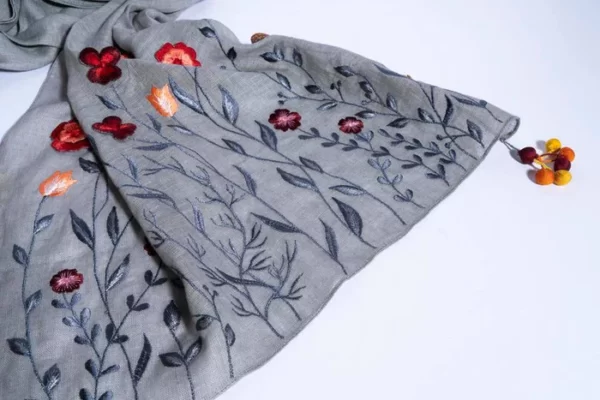 Grey Linen Scarf With Embroidered Florals And Handmade Tassels - Image 2