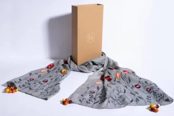 Grey Linen Scarf With Embroidered Florals And Handmade Tassels - Image 4