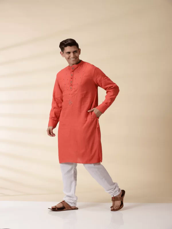 Orange Khadi Men's Yoke Kurta - Image 4