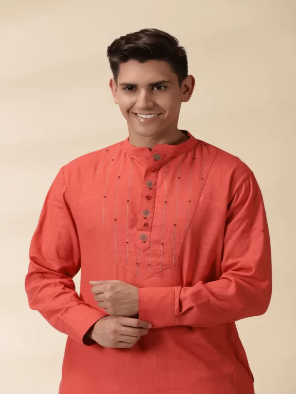 Orange Khadi Men's Yoke Kurta - Image 3