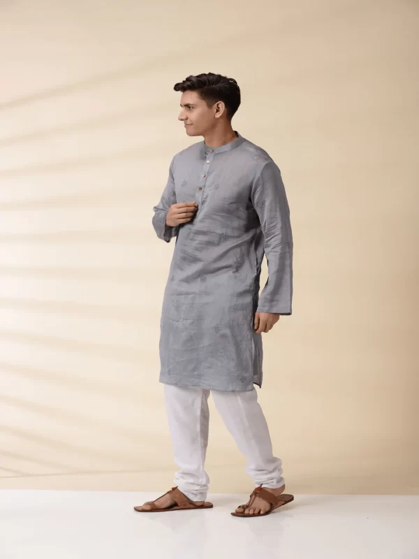 Grey Chanderi Men's Achkan Jacket & Kurta Set - Image 5