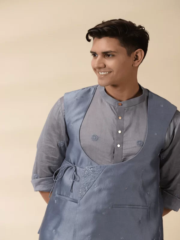 Grey Chanderi Men's Achkan Jacket & Kurta Set - Image 4