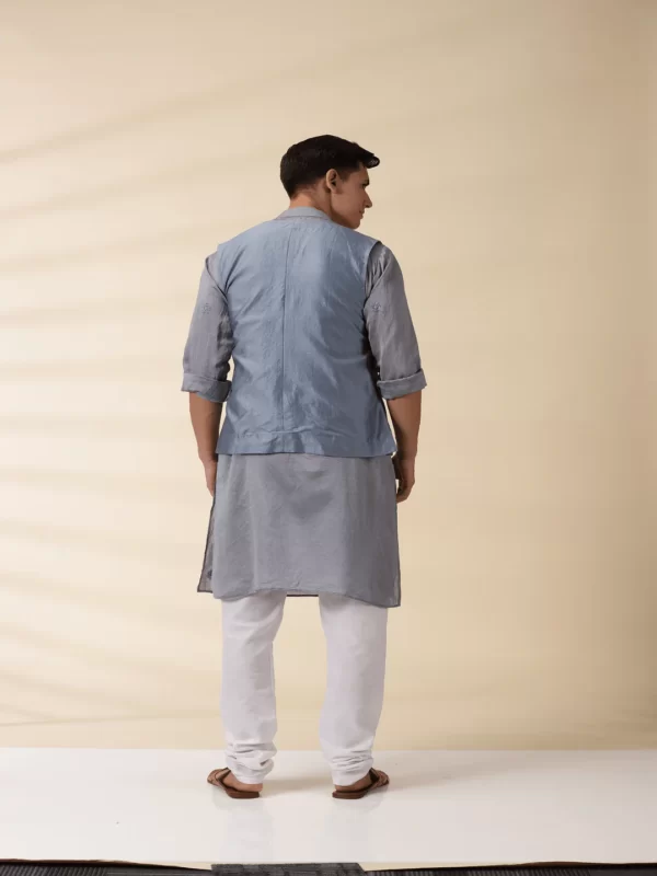 Grey Chanderi Men's Achkan Jacket & Kurta Set - Image 3