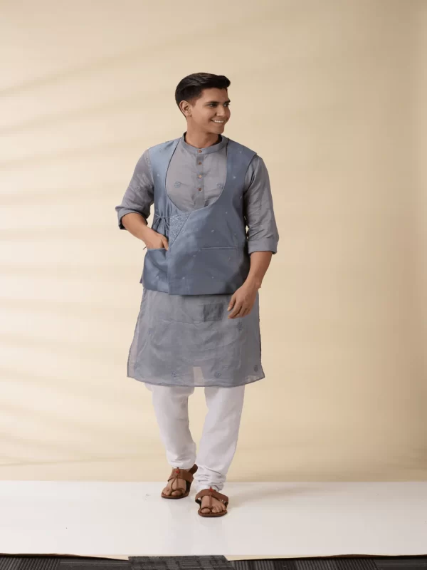 Grey Chanderi Men's Achkan Jacket & Kurta Set - Image 2