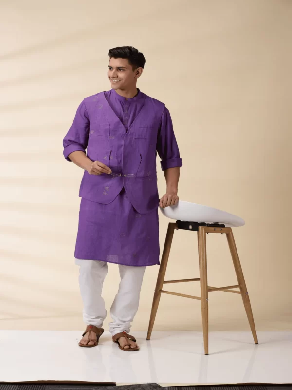 Purple Khadi Men's Nehru Jacket - Image 2