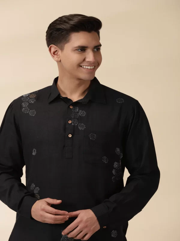 Black Khadi Men's Short Kurta