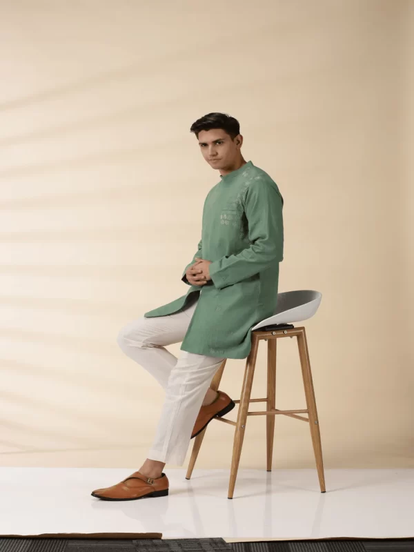 Green Long Jacket Style Men's Kurta