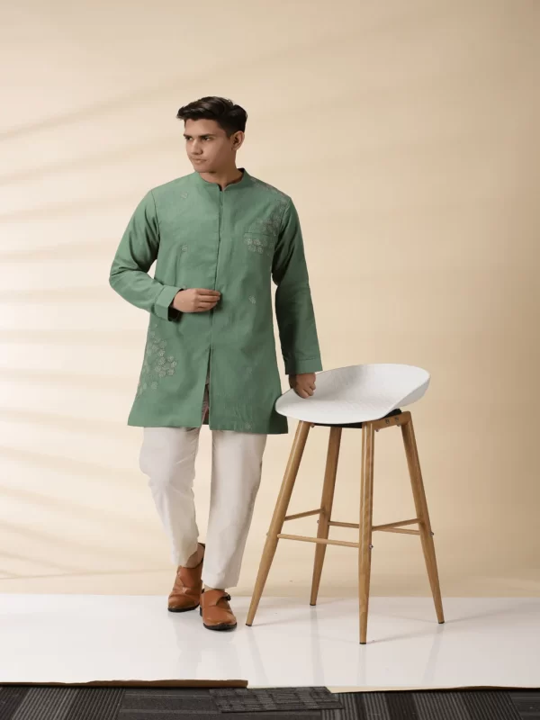 Green Long Jacket Style Men's Kurta - Image 2