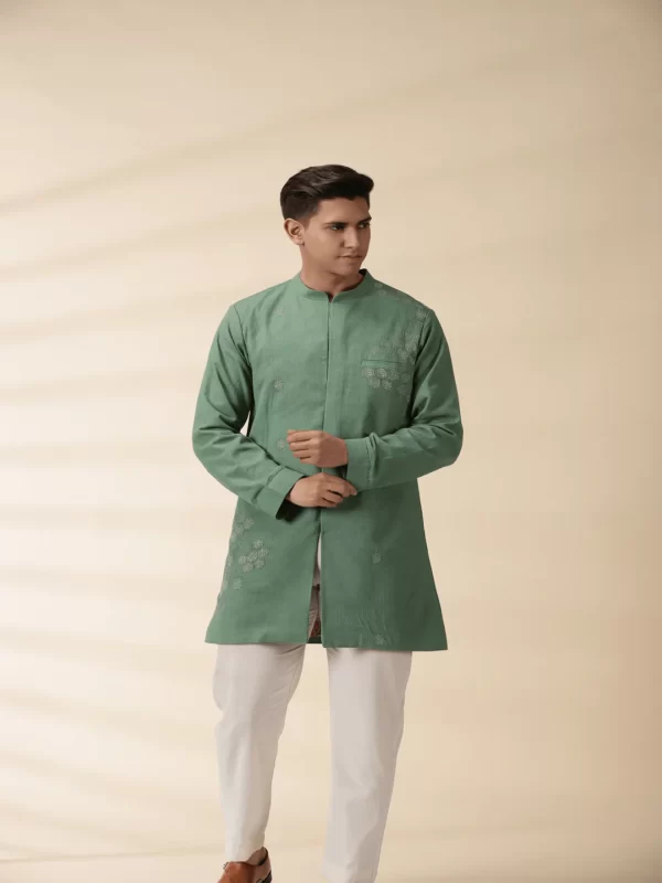 Green Long Jacket Style Men's Kurta - Image 3