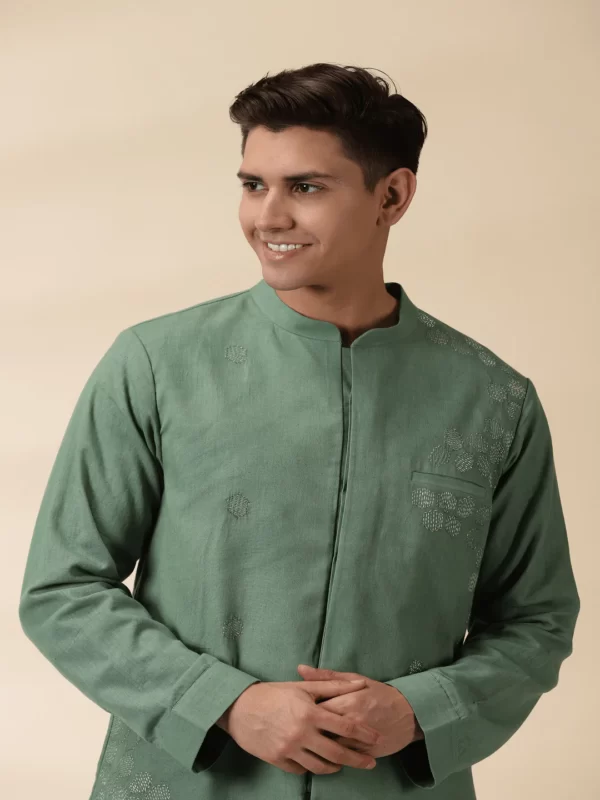 Green Long Jacket Style Men's Kurta - Image 4