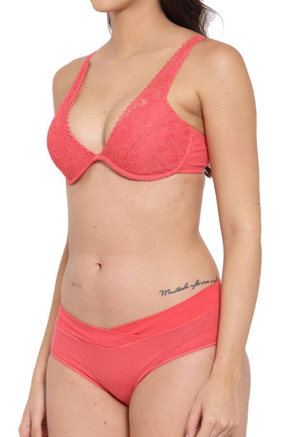 Organic Cotton Antimicrobial Underwired Plunge Bra & Panty-ISBP107_IMP102-Bright Pink - Image 6