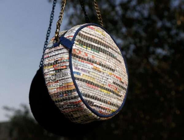 Handwoven Newspaper Circular Sling Bags – Navy Lining