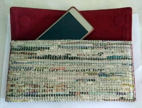 Handwoven Newspaper Envelop Clutch – Maroon - Image 3