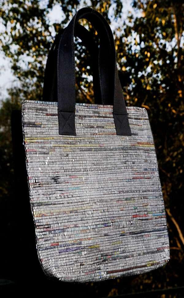 Handwoven Newspaper Tote Bag – Black Handle