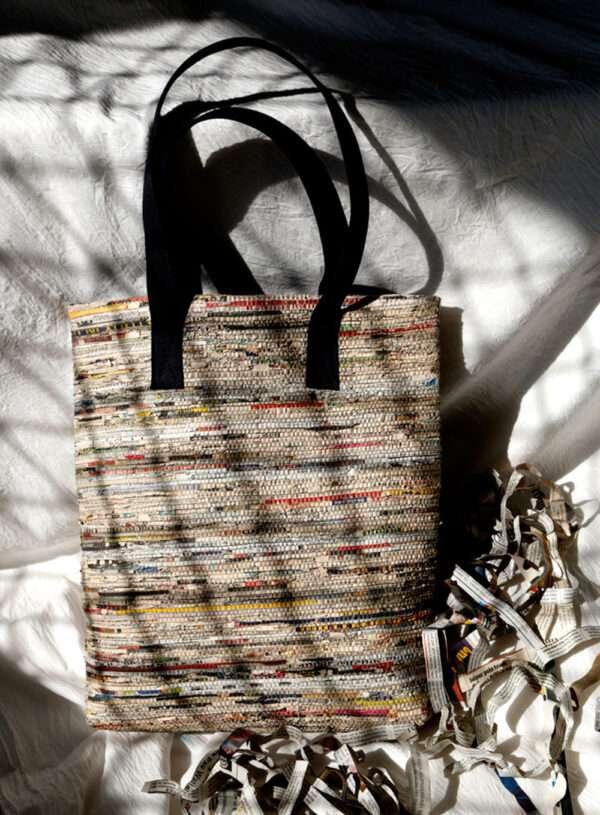 Handwoven Newspaper Tote Bag – Navy Handle - Image 2