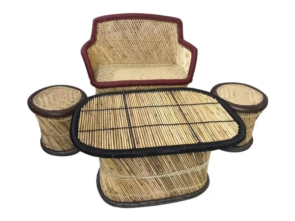 Brown And Black Bamboo Two Seater Muddha Furniture Set, For Sitting, With Table - Image 2