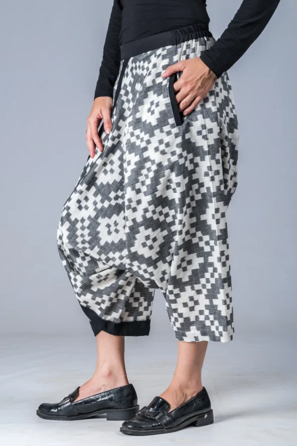 White and Grey Ikat Pattern - Turkish Mid Length Pant - Image 3