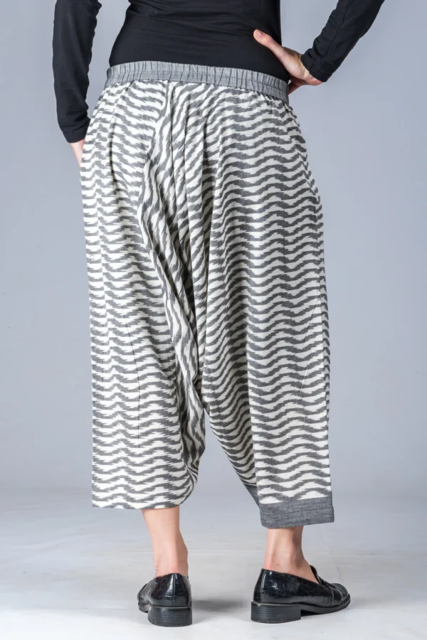 White and Grey Ikat Waves - Turkish Mid Length Pant - Image 3