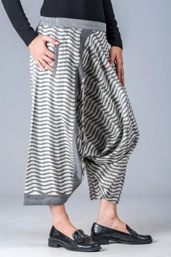 White and Grey Ikat Waves - Turkish Mid Length Pant - Image 4