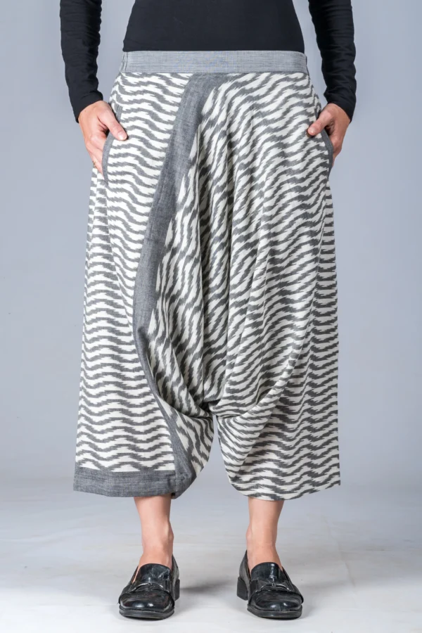 White and Grey Ikat Waves - Turkish Mid Length Pant - Image 5