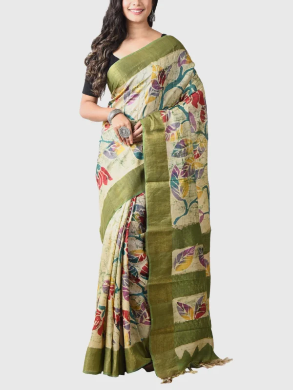 Handwoven Hand Batik Tussar Silk Saree And Blouse Piece With Silk Mark Green And Cream - Image 2