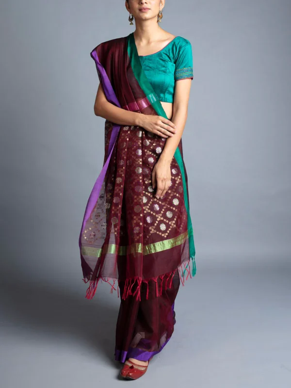 Rudraksh Palla Chanderi Saree Maroon With Blouse Piece - Image 3