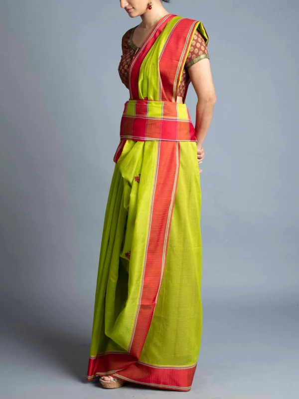 Mor Booti Maheshwari Saree Lime Green and Red With Blouse Piece - Image 2