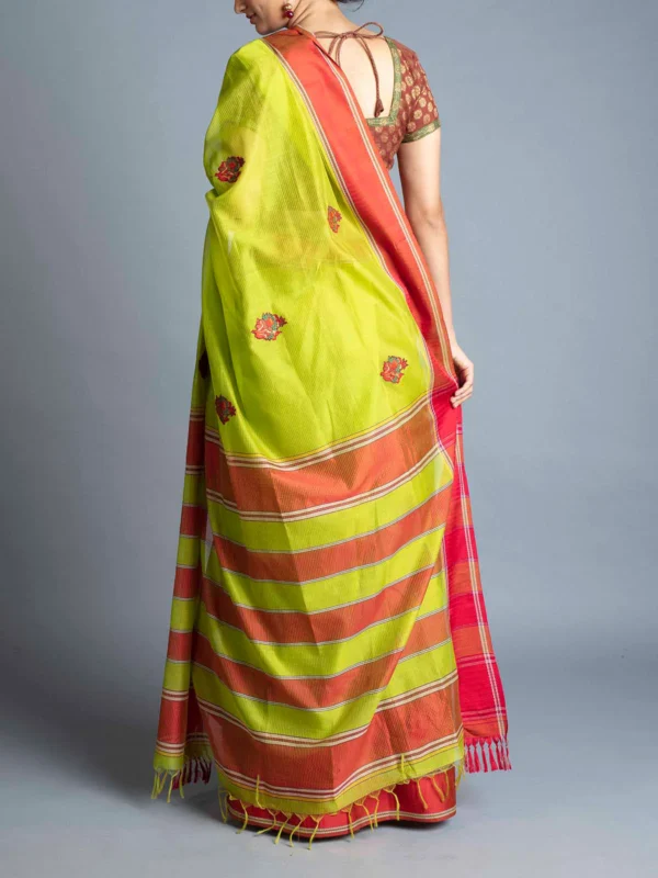 Mor Booti Maheshwari Saree Lime Green and Red With Blouse Piece - Image 4