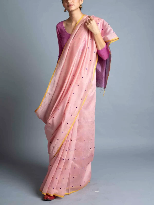 Handwoven Maheshwari With Dot Booti Saree Pink With Blouse Piece - Image 3