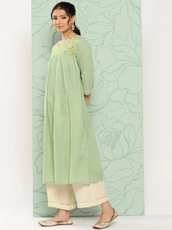 Janasya Women's Sage Green Dobby Cotton Solid Empire Kurta - Image 3