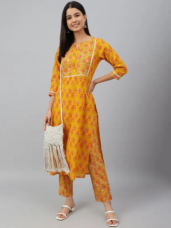 Mustard Floral Cotton Kurta