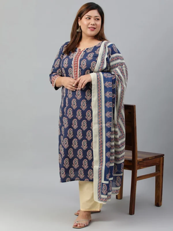 XL LOVE by Janasya Women's Plus Size Indigo Cotton Kurta With Palazzo and Dupatta - Image 3